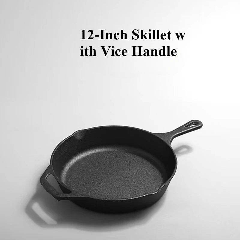 Black cast iron skillet with long handle and vice grip, pre-seasoned non-stick surface, oven-safe cookware for eco-friendly k