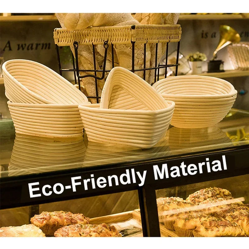 Natural rattan bread proofing baskets displayed on shelf with text "Eco-Friendly Material," handmade banneton bowls for bakin