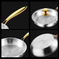 Stainless steel wok pan with golden handles, featuring glass lid and non-stick coating from multiple angles.
