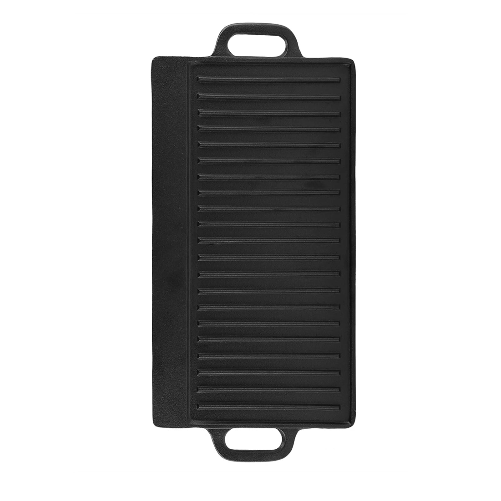 Black cast iron dual-sided griddle with ridged grill surface and handles, ideal for indoor and outdoor cooking.
