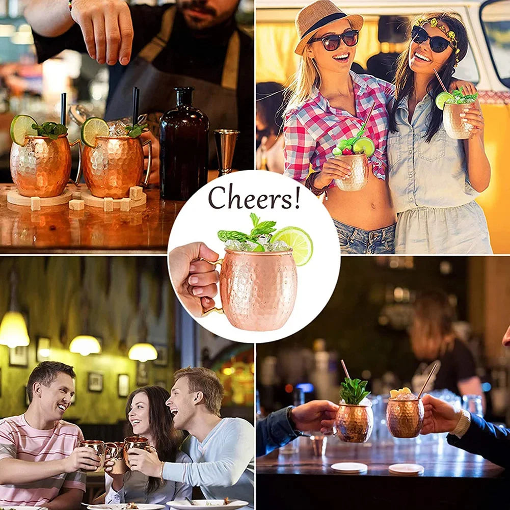 # Alt Text

Copper Moscow mule mugs with hammered finish, lime garnish, and mint. Four scenes show cocktails at bars and soci