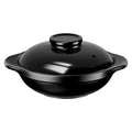 Black ceramic clay cooking pot with domed lid and dual handles, traditional Asian-style broth and rice cooker.