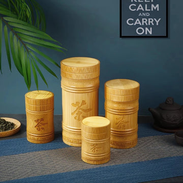 Pure Bamboo Carved Tea Storage Box — Handmade Organizer Canister