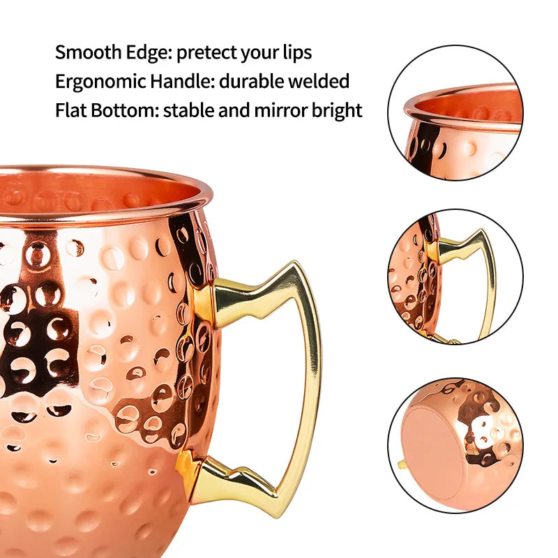 Copper hammered travel mug with brass handle, smooth rim edge, flat bottom, and insulated design for eco-friendly beverage st