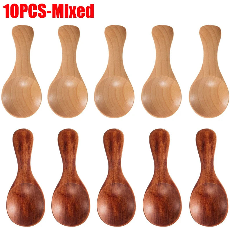 10-piece mixed wooden spoon set with 5 natural bamboo and 5 dark wood mini scoops for tea, honey, and coffee