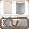 Stainless steel cutting board with non-slip surface, whetstone design, 25cm x 36.5cm, food-grade material shown in packaging 