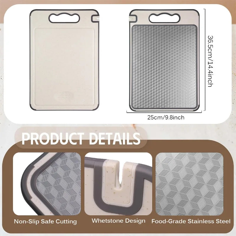 Stainless steel cutting board with non-slip surface, whetstone design, 25cm x 36.5cm, food-grade material shown in packaging 