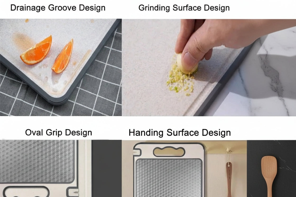 Stainless steel cutting board with drainage grooves, grinding surface, oval grip, and slip-resistant design, shown with citru