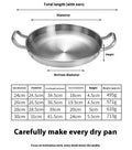 Stainless steel wok pan with handles shown from above, displaying diameter, height, and bottom diameter measurements with siz