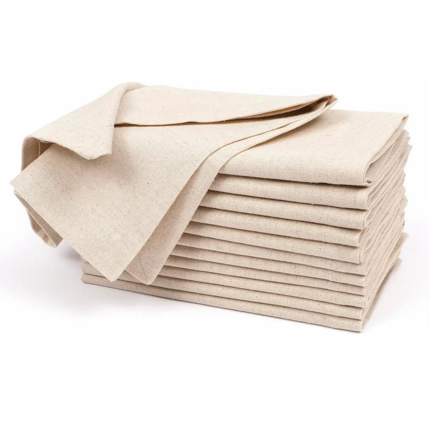 Stack of 12 natural cotton linen napkins in cream color with decorative brown trim, displaying soft woven texture and elegant