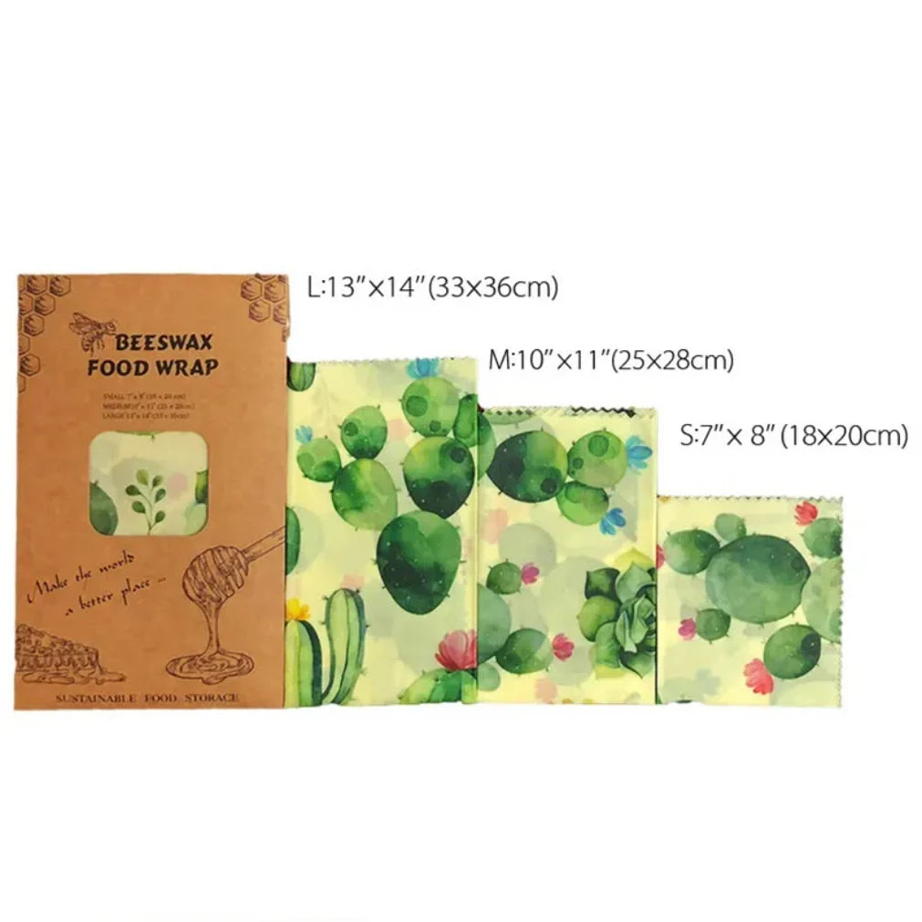 Beeswax food wrap set in three sizes with cactus design, organic cotton covers for sustainable food storage.