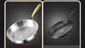 Stainless steel wok pan with golden handle, shown from front and angled views, featuring non-stick surface and heirloom quali