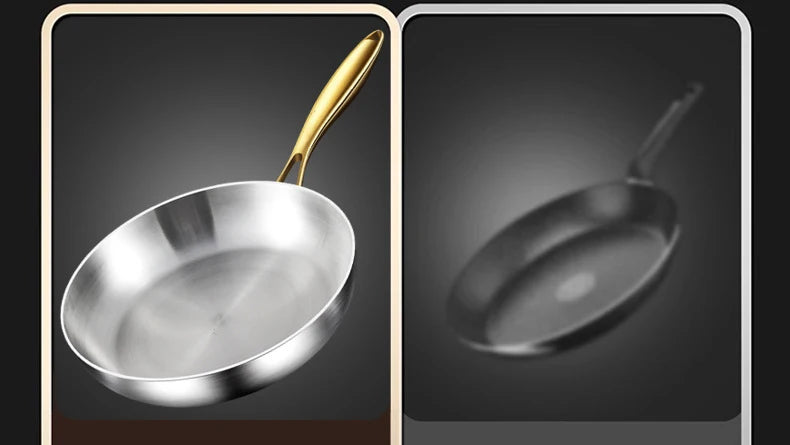 Stainless steel wok pan with golden handle, shown from front and angled views, featuring non-stick surface and heirloom quali