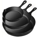 Three stacked cast iron skillets in black with ergonomic handles, showing 6
