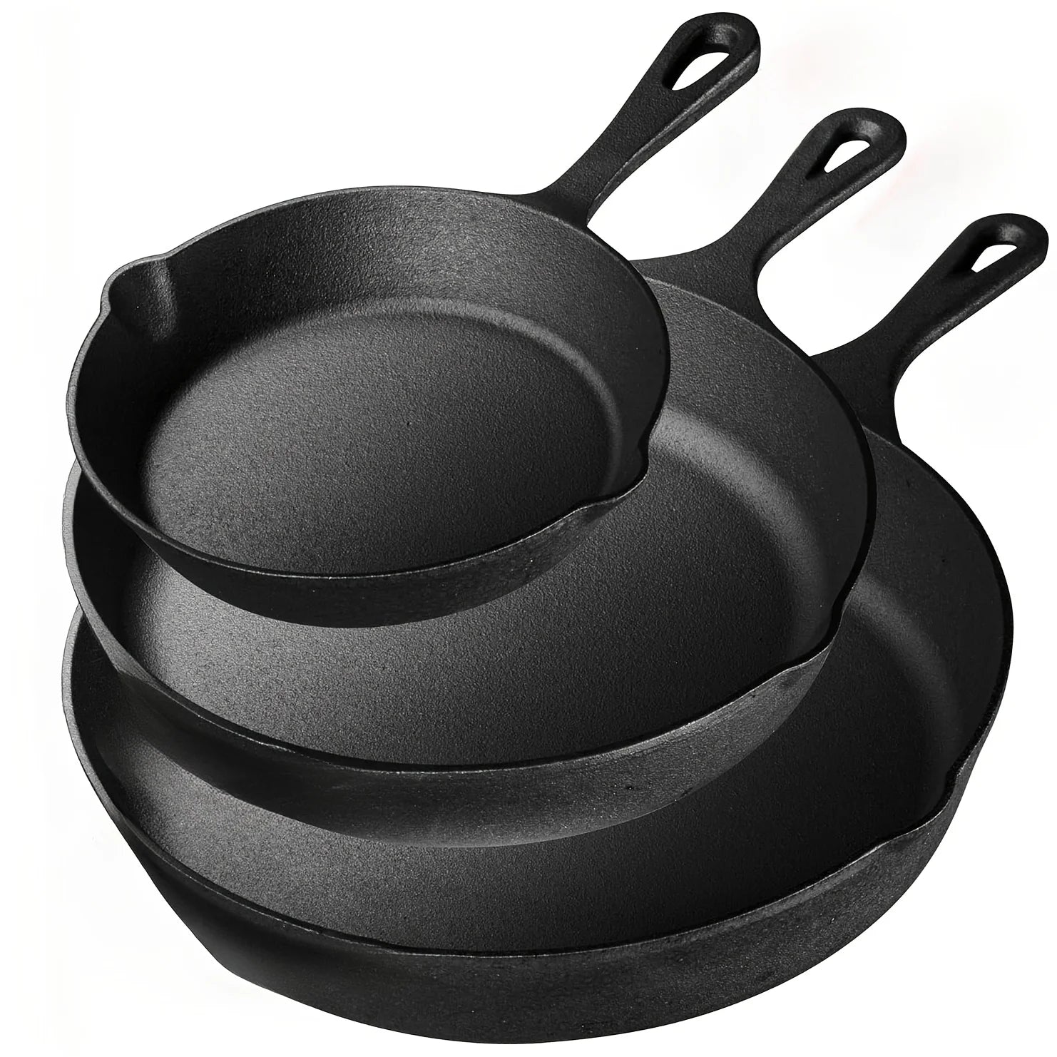 Three stacked cast iron skillets in black with ergonomic handles, showing 6", 8", and 10" sizes from pre-seasoned cookware se