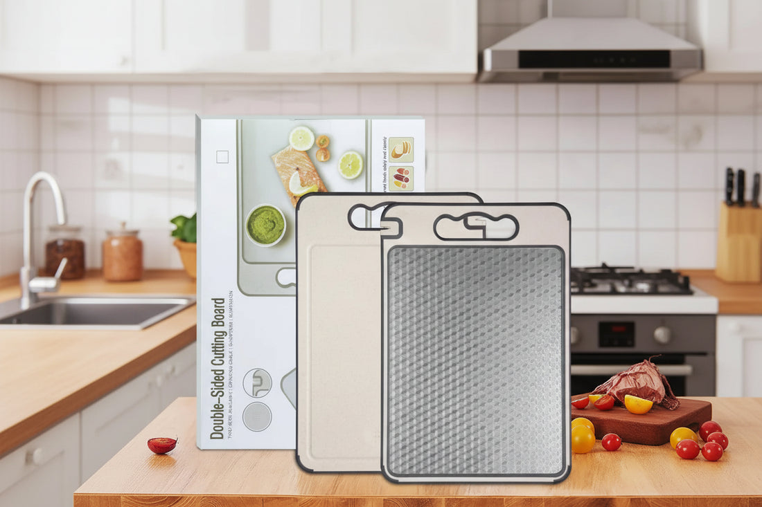 Double-sided cutting boards displayed in kitchen setting with stainless steel and natural surfaces, slip-resistant design vis