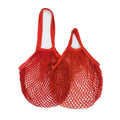 Red cotton mesh grocery bags with long handles, ideal for carrying fresh produce and shopping sustainably.