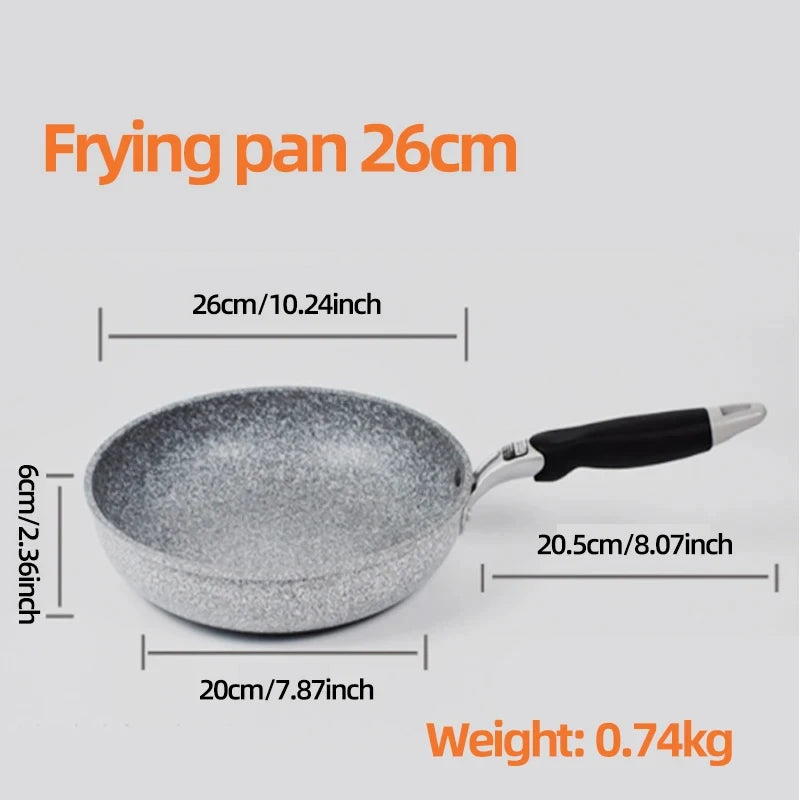 26cm granite stone frying pan with non-stick coating, black handle, showing dimensions and 0.74kg weight