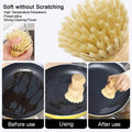 Bamboo dish brush with natural bristles shown cleaning a non-stick pan before, during, and after use, demonstrating soft clea