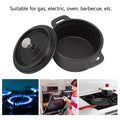 Cast iron Dutch oven with lid, black finish, dual handles, suitable for gas, electric, oven, and barbecue cooking.