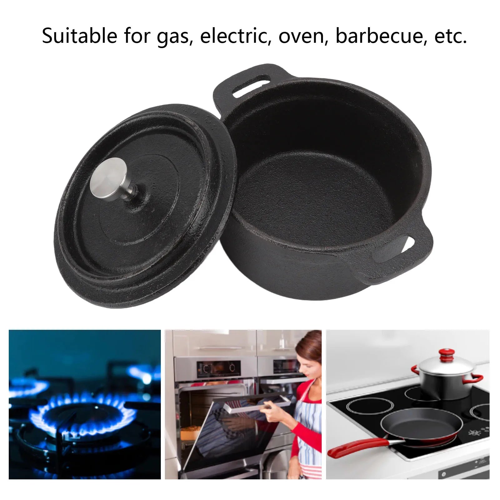 Cast iron Dutch oven with lid, black finish, dual handles, suitable for gas, electric, oven, and barbecue cooking.