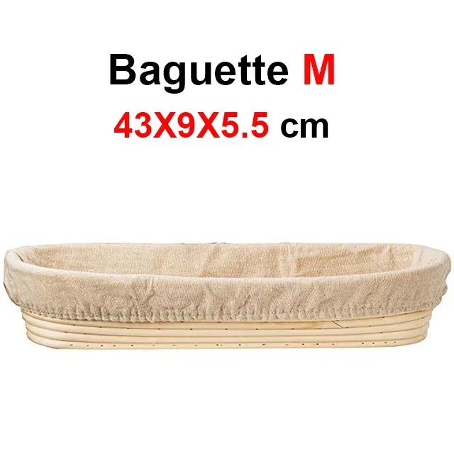 Medium natural rattan baguette proofing basket with linen liner, 43x9x5.5cm, handmade banneton for bread baking