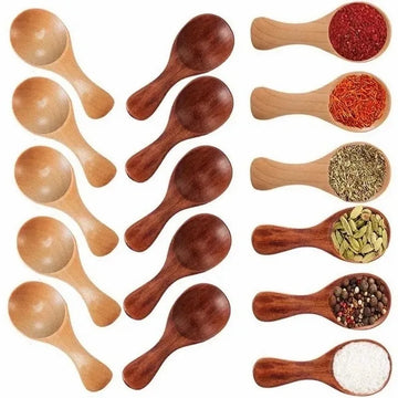 Wooden measuring scoops and spoons in natural bamboo and dark wood, filled with various spices, tea, and ingredients, display