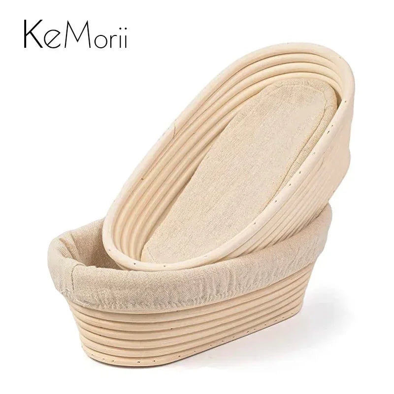 Natural rattan bread proofing basket with oval shape, woven design, and cream linen liner for artisan baking.