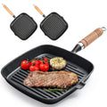 Cast iron square grill pan with wooden handle, displaying seared steak, tomatoes, and garlic, shown with two additional match
