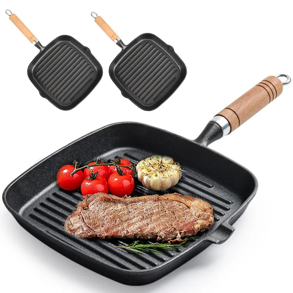 Cast iron square grill pan with wooden handle, displaying seared steak, tomatoes, and garlic, shown with two additional match