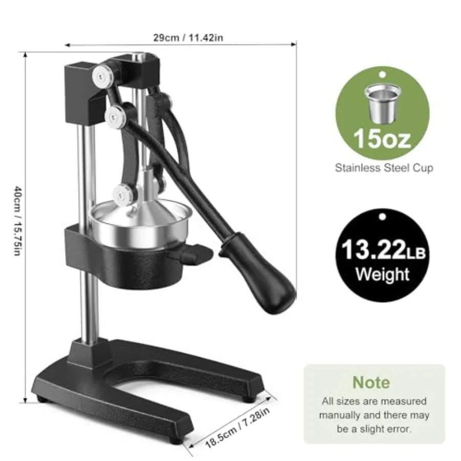 Manual cast iron juicer with stainless steel cup, 13.22 lbs, 40cm height, heavy-duty hand press for countertop use.