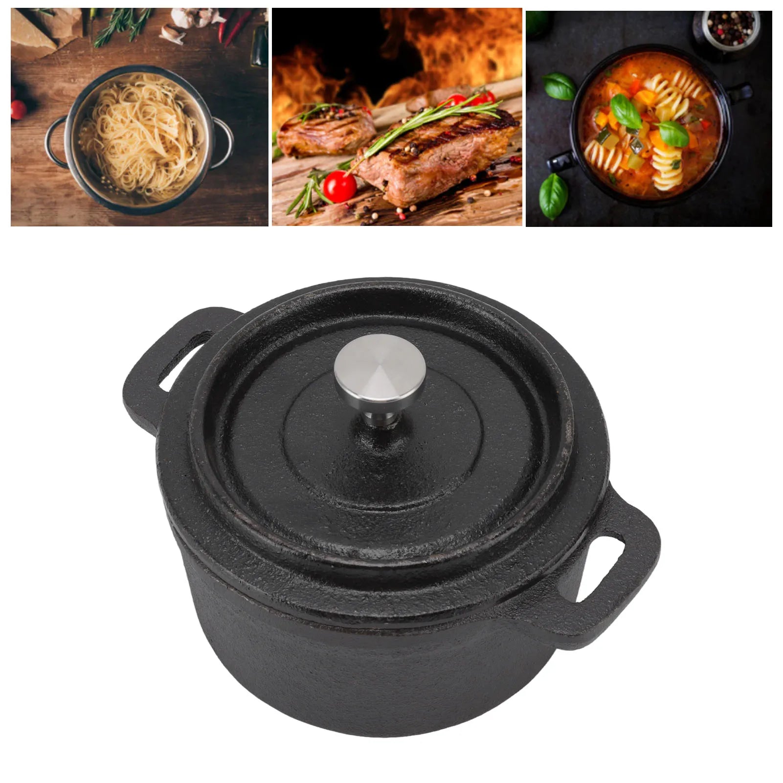 Black cast iron Dutch oven pot with lid, stainless steel knob, dual handles. Perfect for slow-cooking, braising, and baking.
