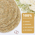 Handwoven round rattan pot mat with white flowers and gold feature box listing 100% natural, durable, handmade, heat resistan