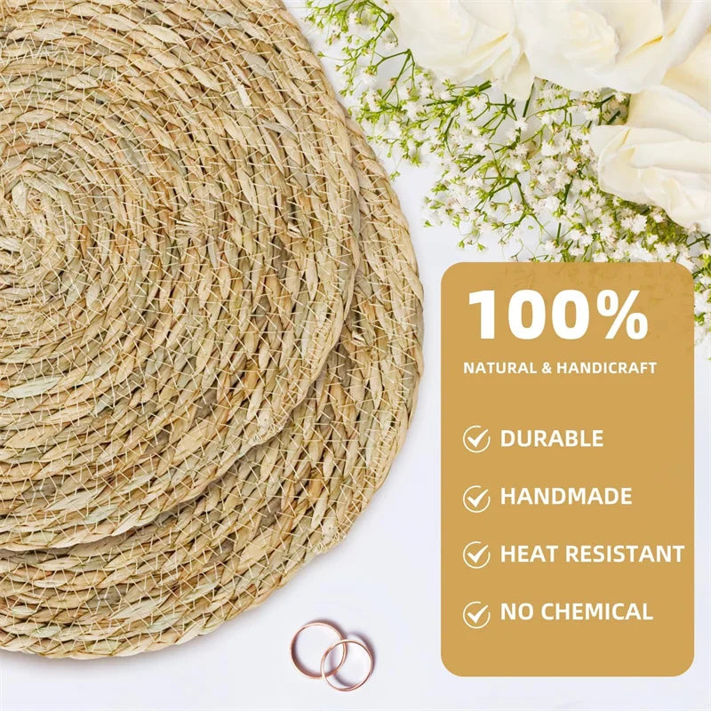 Handwoven round rattan pot mat with white flowers and gold feature box listing 100% natural, durable, handmade, heat resistan