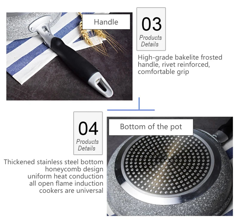 GraniteStone fry pan with black bakelite handle and honeycomb stainless steel bottom for universal heat conduction and non-st