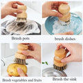 Wooden natural dish brush with coconut fibre bristles shown cleaning pots, dishes, vegetables, and sink in four demonstration