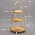 Three-tier bamboo basket stand with natural woven baskets, 45cm tall, featuring 14cm, 17cm, and 22cm diameter tiers with carr