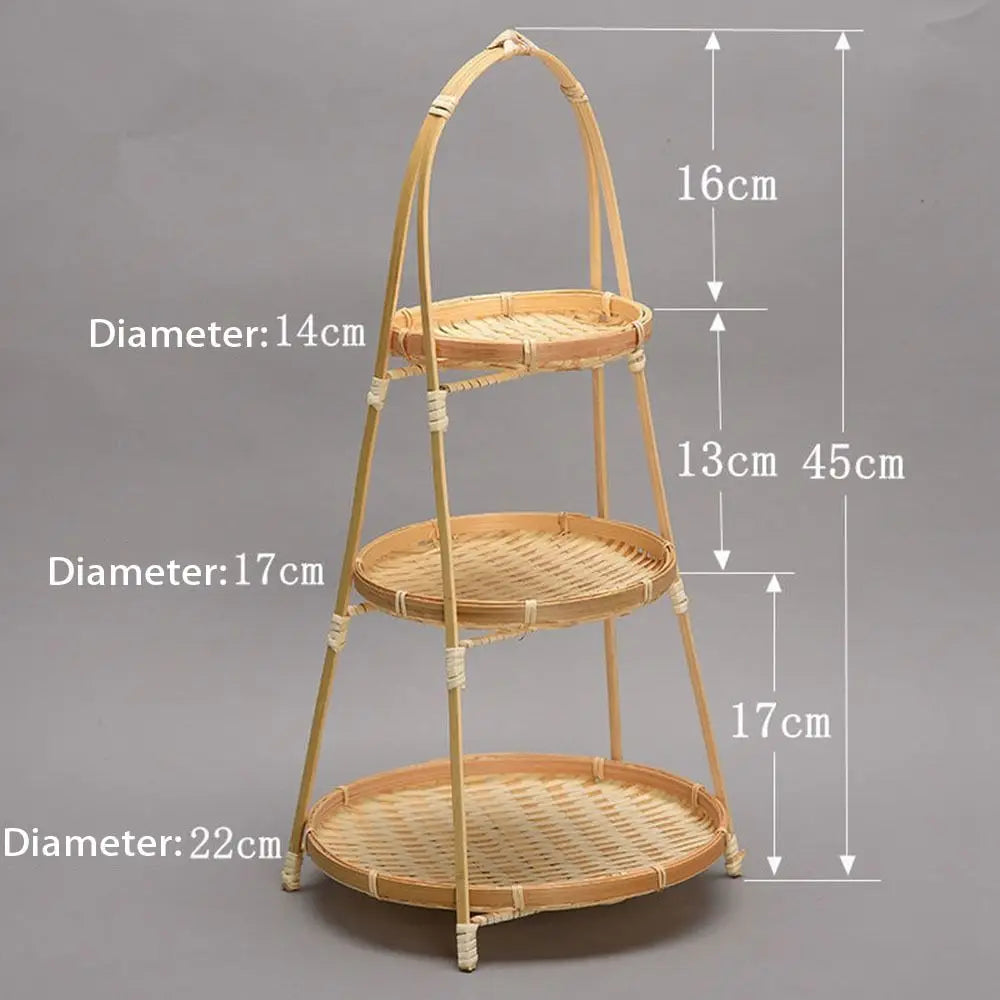 Three-tier bamboo basket stand with natural woven baskets, 45cm tall, featuring 14cm, 17cm, and 22cm diameter tiers with carr