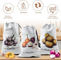 Reusable canvas storage bags for garlic, onions, and potatoes with drawstring closures, made from 100% pure cotton with good 
