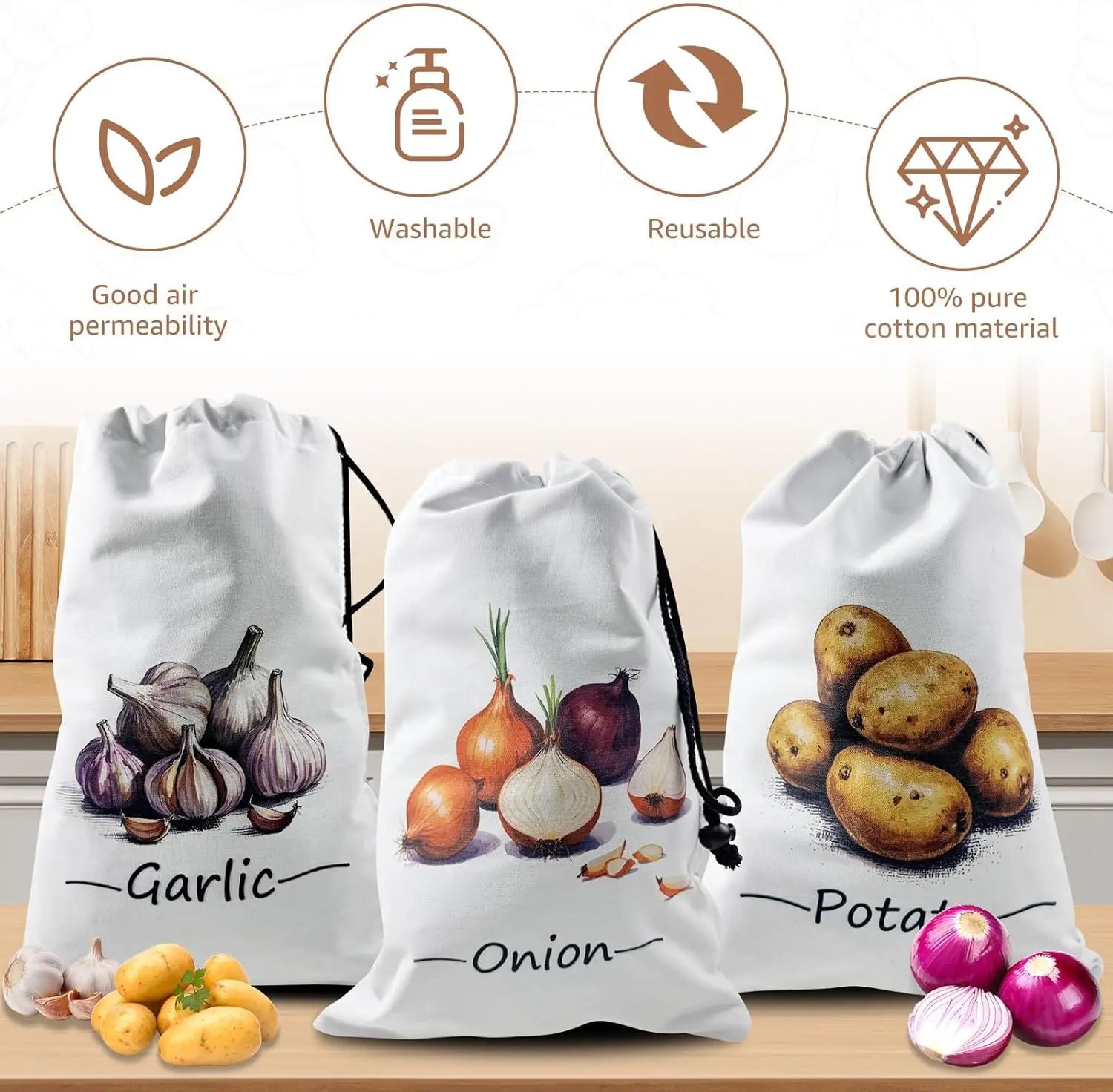 Reusable canvas storage bags for garlic, onions, and potatoes with drawstring closures, made from 100% pure cotton with good 