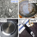 GraniteStone Fusion fry pan comparison showing Dakin coating, easy-clean surface, stainless steel base, and bakelite handle.