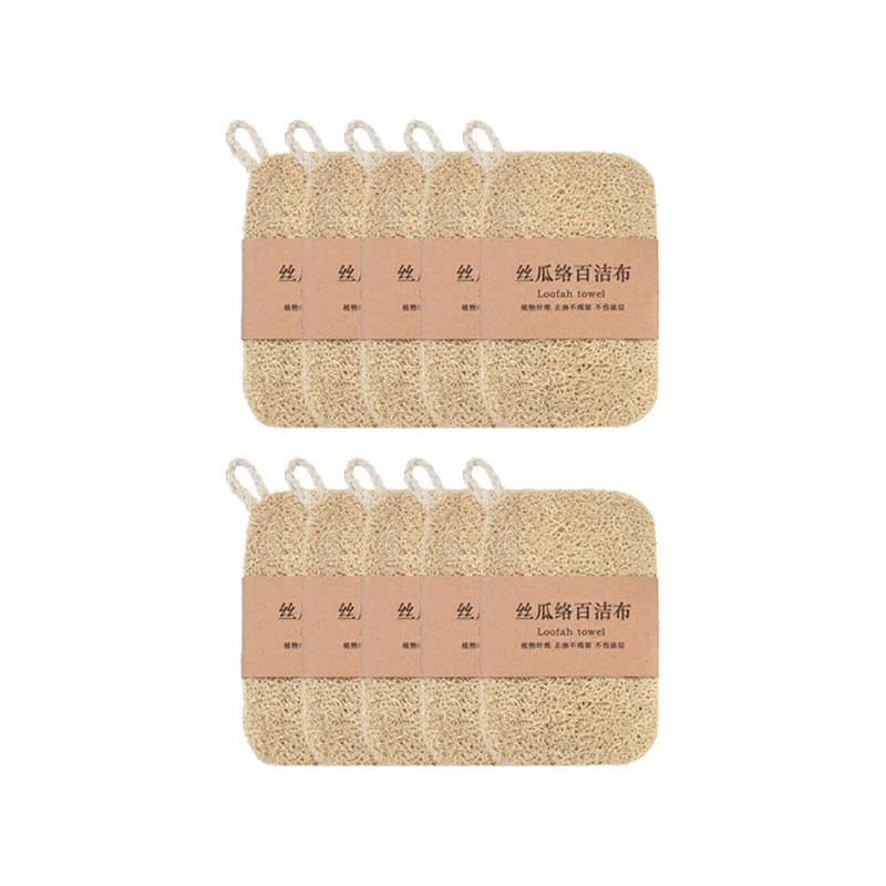 Natural loofah dish scrubbers with rope loops, packaged in sets of 10, eco-friendly kitchen cleaning tools.
