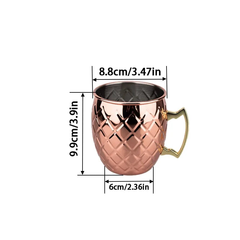 Copper insulated travel mug with hammered finish, brass handle, and dimensions labeled: 8.8cm width, 9.9cm height, 6cm base.
