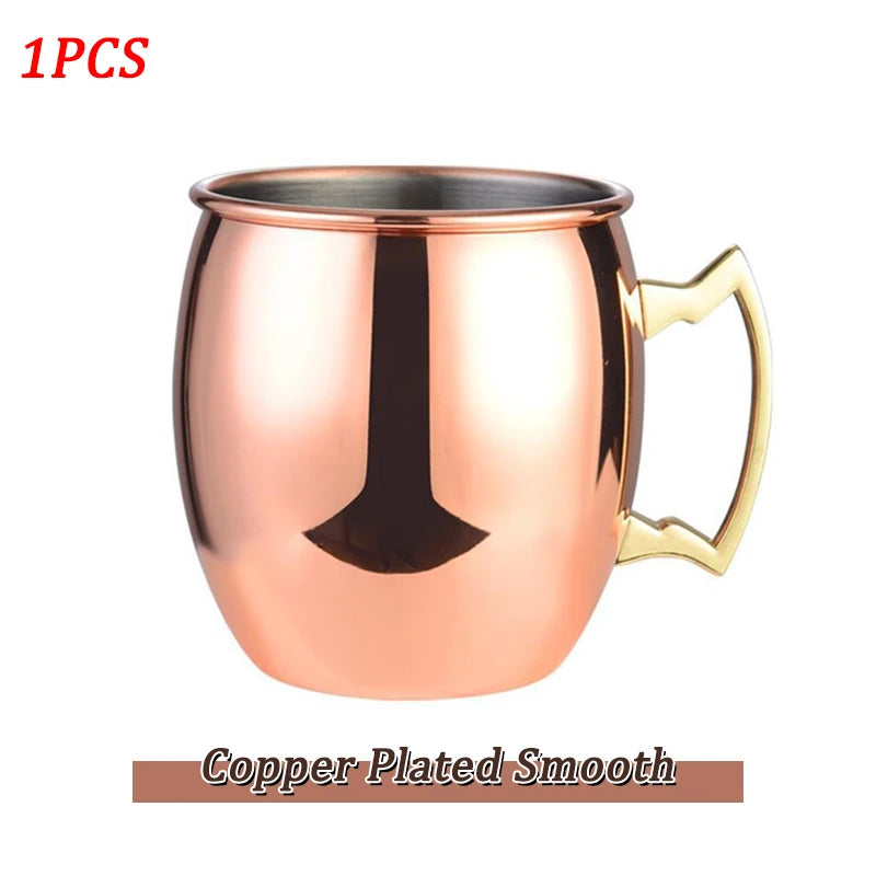 Copper plated smooth Moscow mule mug with brass handle and stainless steel interior, single unit shown against white backgrou