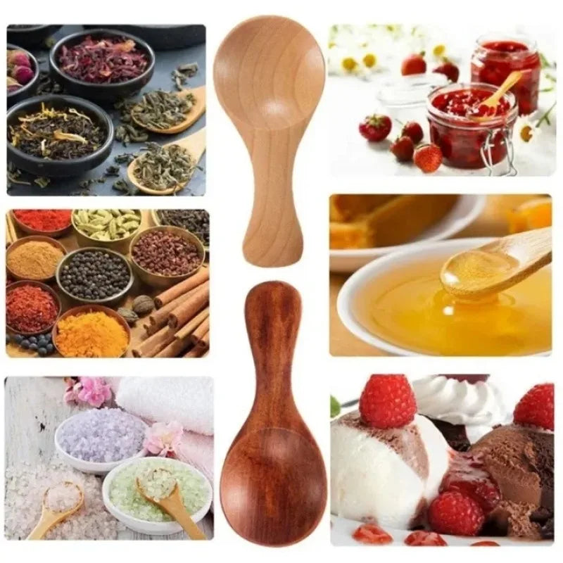 Bamboo mini scoop spoon with natural wood finish, surrounded by tea, spices, honey, berries, and salt imagery showcasing vers