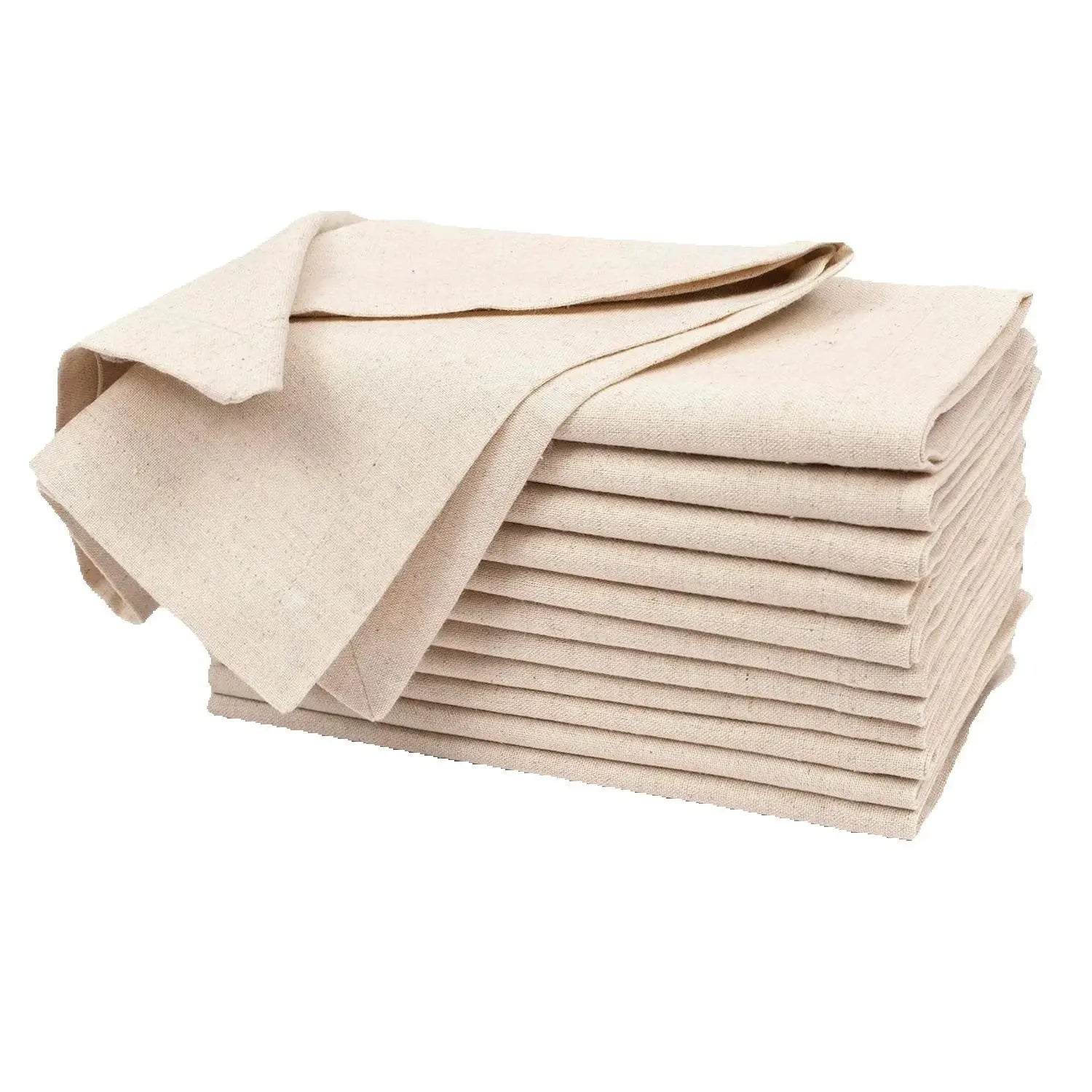 Stack of 12 natural cotton linen table napkins in cream color with one draped napkin showing texture and quality fabric weave