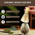 Ceramic whisk holder with bamboo matcha whisk, displaying benefits: prevents damage, keeps whisk dry, maintains shape for foa