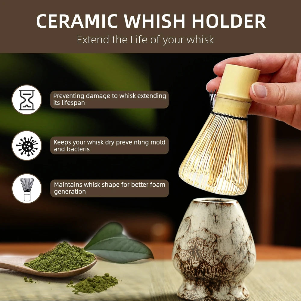 Ceramic whisk holder with bamboo matcha whisk, displaying benefits: prevents damage, keeps whisk dry, maintains shape for foa