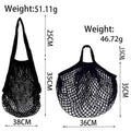 Cotton mesh grocery bags in two sizes with dimensions and weights labeled; eco-friendly reusable market totes for vegetables 