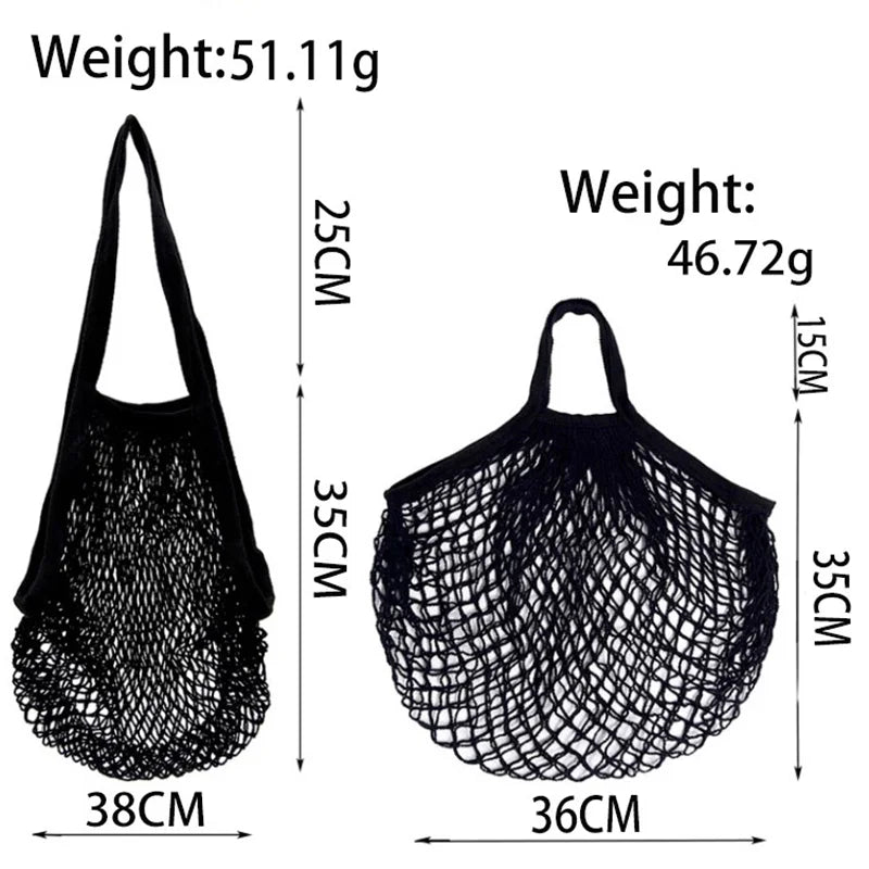 Cotton mesh grocery bags in two sizes with dimensions and weights labeled; eco-friendly reusable market totes for vegetables 